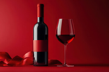 Elegant red wine bottle and glass on a vibrant backdrop