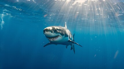 Fototapeta premium A majestic great white shark gliding smoothly in deep waters under penetrating sunlight creates a dramatic and exciting scene that would be appropriate for popular science articles