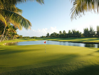 Beautiful golf course green with palm trees by a serene lake