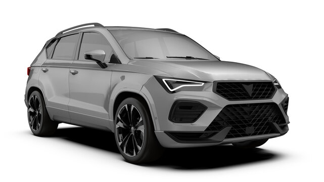Grey SUV car perspective Front right view on transparent background