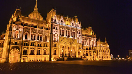 Hungarian Parliament Building with Night Illumination in Budapest