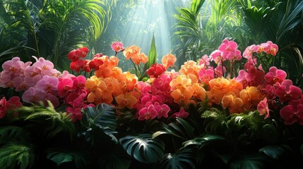 A tropical paradise filled with orchids and lush green foliage, vibrant exotic colors