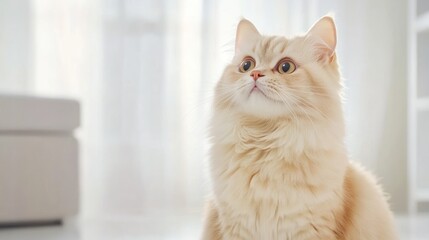 Fluffy Light Cat Gazing In Soft Light Indoors