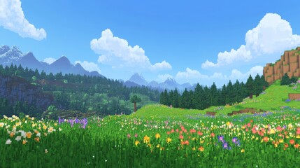 Fototapeta premium Peaceful Pixel Landscape with Rolling Green Hills and Drifting Clouds