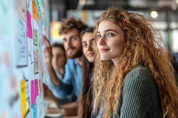 A group of young adults gather in a bright office, focused on a wall covered with colorful sticky notes. They discuss and collaborate on innovative ideas, showing enthusiasm and creativity.