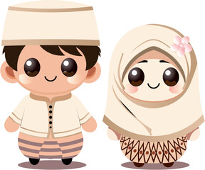 Cute Muslim Cartoon Characters in Traditional Attire