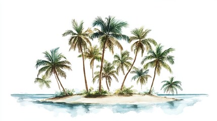 A group of coconut trees sways in the ocean breeze, isolated against a white backdrop, embodying the essence of a tropical summer.