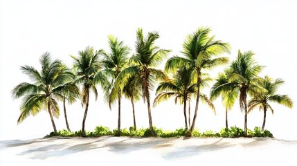 A group of coconut trees sways in the ocean breeze, isolated against a white backdrop, embodying the essence of a tropical summer.