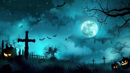 Spooky Halloween Night Outdoor Background with Haunted House, Full Moon, Foggy Graveyard, Jack-o-Lanterns, and Eerie Atmosphere for Digital Art, Party Decor, or Horror Themes