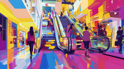 shopping scene with exaggerated motion lines and vivid pop art-style details 