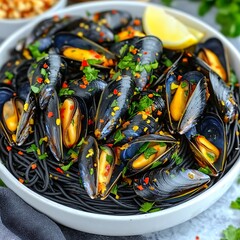 Mussels on black pasta, served with lemon & herbs