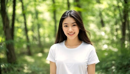 A young woman with long dark hair, wearing a white t-shirt, standing in front of trees and foliage.