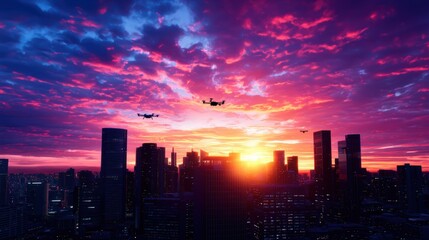 Stunning Sunset Over a Vibrant City Skyline with Dramatic Clouds and Illuminated Buildings