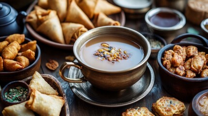 Fototapeta premium A steaming bowl of masala chai with an array of traditional Indian snacks like samosas, pakoras, and biscuits, perfect for a tea-time setting