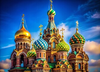 Minimalist St. Petersburg Cathedral Tower, Russian Architecture,  Vibrant Colors,  Detailed Facade,  Ornate Design