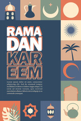 Ramadan kareem poster with some icons that identic with Islam