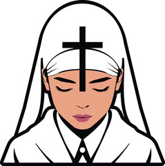 Vector Illustration of Praying Woman Monastery with Cross Symbol – Minimalist Design
