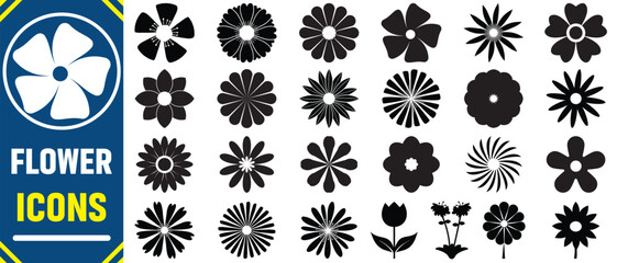 Flowers icon set. Set of abstract flowers in brutalist style. Geometric flower set. Abstract minimal daisy elements. Brutalist design. Ideal for decoration, logos, and design projects.