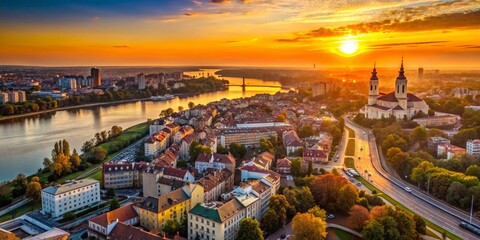 Minimalist Sunset Drone View of Belgrade's Historic Downtown