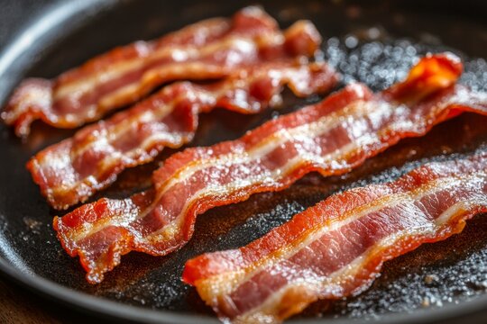 A slow-motion shot of bacon frying in a pan, sizzling and curling