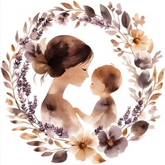 Loving Mother and Child Embraced in Delicate Floral Wreath