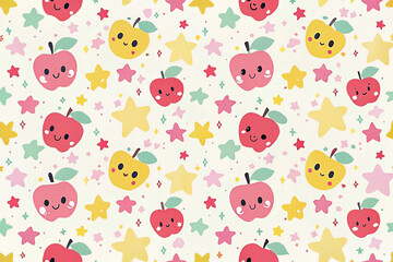 Seamless pattern with cute cartoon apples and stars.