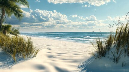 A peaceful beach scene where soft sand meets the gentle sway of palm branches, with the endless sea stretching into the horizon.