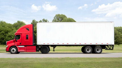 Bright Red Truck with White Trailer on Open Highway Landscape