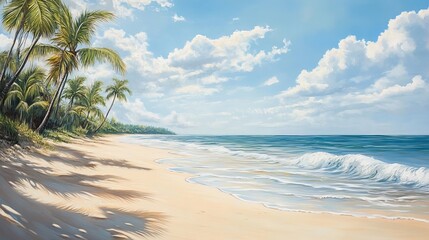 A peaceful beach scene where soft sand meets the gentle sway of palm branches, with the endless sea stretching into the horizon.