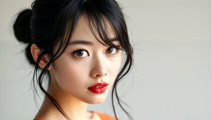 A close-up photograph of a young Asian woman with red lipstick and a bun hairstyle.