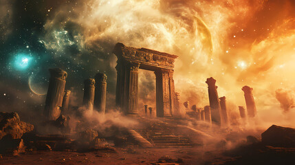 Glowing astral mist envelops ancient, ruined temple , eerie ambiance, cosmic phenomenon, otherworldly atmosphere. Cosmic Astral Temple. Illustration