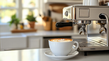 Freshly brewed espresso machine with latte art in kitchen setting
