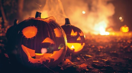 Fototapeta premium Spooky Halloween Night Outdoor Background with Haunted House, Full Moon, Foggy Graveyard, Jack-o-Lanterns, and Eerie Atmosphere for Digital Art, Party Decor, or Horror Themes