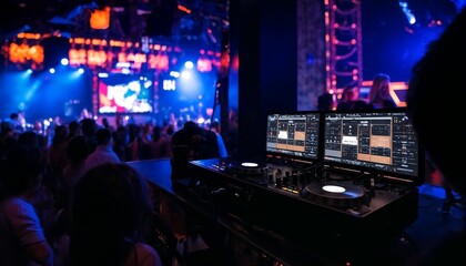 A crowd of people at a concert or event with stage lights and sound equipment.