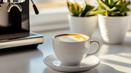 white ceramic cup of coffee with latte art sits on saucer beside plants