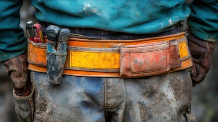 Close-up of a worker's dirty tool belt with various tools.