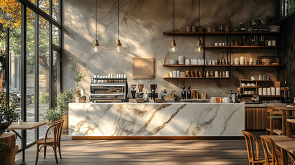 Artisanal coffee shop with an elegant fusion of marble countertops, rustic wooden chairs, and modern lighting, 8K quality realistic image