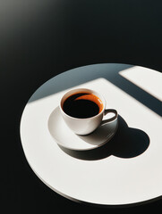 full cup of hot coffee on white plate, casting soft shadow