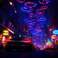 Vibrant Nighttime Urban Scene with Neon Lights and Dynamic Car Motion Under Colorful Clouds