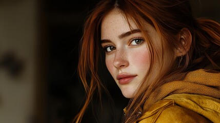 Fototapeta premium Young woman with long auburn hair and freckles wearing yellow hoodie with soft expression looking over her shoulder in warm light