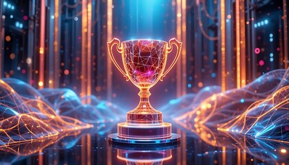 Digital Trophy Surrounded by Glowing Connections and Vibrant Background in Futuristic Style