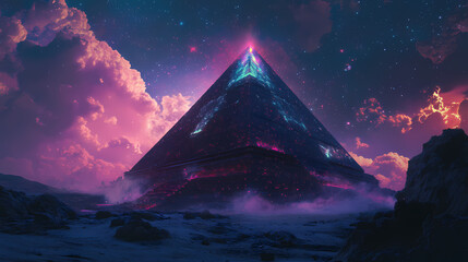 Glowing obsidian pyramid: a digital architectural marvel. Cosmic Astral Temple. Illustration