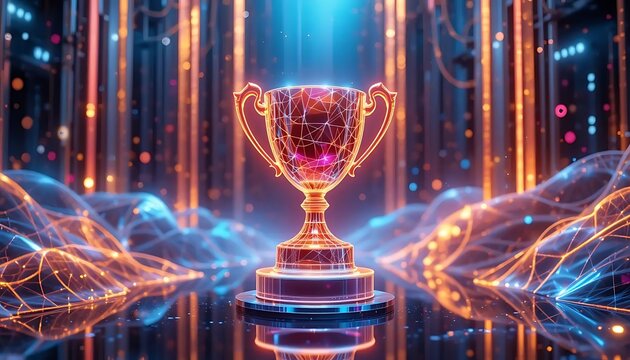 Digital Trophy Surrounded by Glowing Connections and Vibrant Background in Futuristic Style