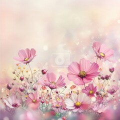 Naklejka premium Pink Cosmos Flowers Blooming in a Dreamy Field with Soft Light
