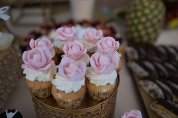 Elegant Wedding Candy Bar with Colorful Sweets, Cakes, and Fruits