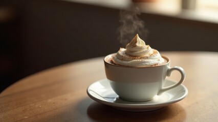 Obraz premium Warm beverage with whipped cream topping in a cup on a saucer