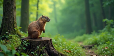 A small, furry rodent perched atop a weathered tree stump in a tranquil, verdant forest