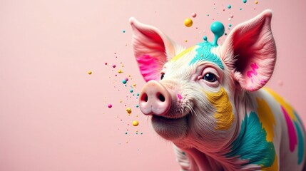 Obraz premium A playful piglet, adorned in vibrant hues of paint, playfully interacts with colorful droplets, creating a whimsical and joyful scene.