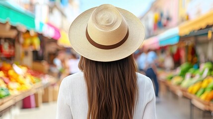A woman wearing a straw hat stands in a vibrant market, surrounded by colorful fruits and vegetables, capturing a lively summer atmosphere.