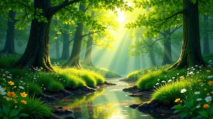 Obraz premium Sunlit Forest Stream Serene Woodland Scene with Lush Greenery and Blossoming Flowers